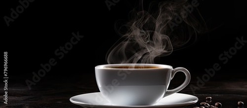 Steaming coffee cup with beans