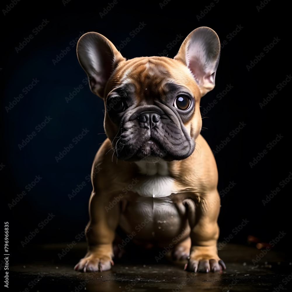 A French bulldog puppy, red colour, well highlighted coat on a dark background. Close-up