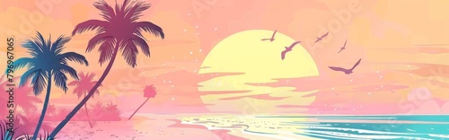 80s retro summer beach sunset with palm trees and seagulls Generative AI