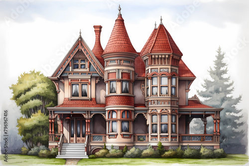 Victorian Queen Anne Style House (Cartoon Colored Pencil) - England in the late 19th century, but became popular in the United States in the same period, characterized by a highly decorative design