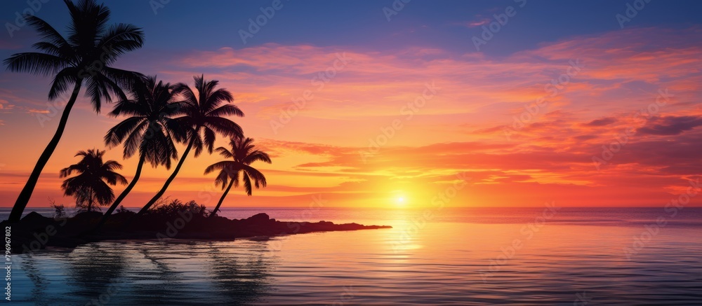 A serene dusk scene with coconut trees by the shore