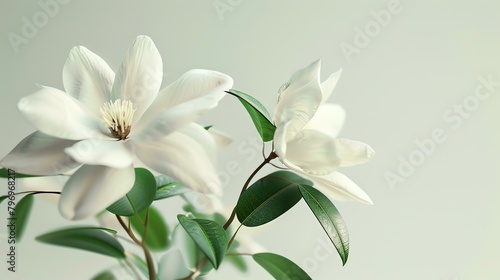 White magnolia flower with green leaves on a solid background. The image is soft and dreamy, with a painterly quality.