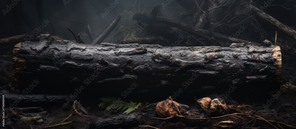 Fallen tree in forest with misty backdrop Fallen tree in forest with misty backdrop
