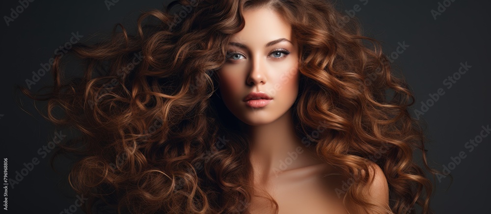A woman with long, curly hair and blue eyes