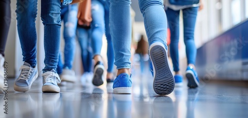 Close-up of legs of students walking in the school corridor. photo