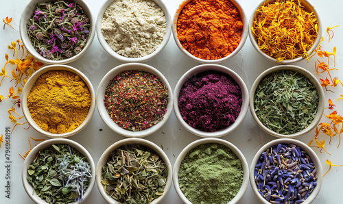 Various spices and herbs in bowls on a white background, showcasing a vibrant palette of colors. Generate AI