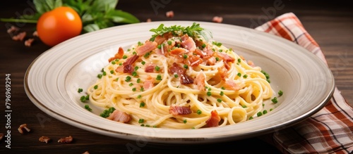 Plate of pasta with bacon and peas