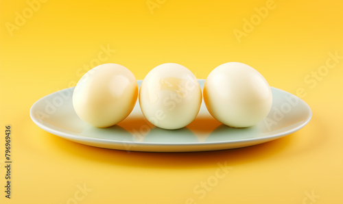 Three hard-boiled eggs, peeled, on a plain plate against a gradient yellow background