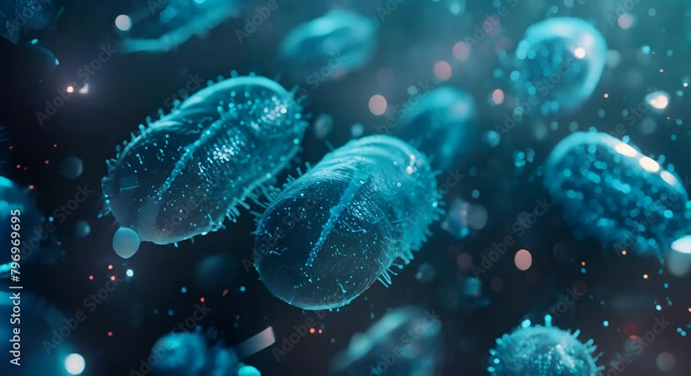 A glowing blue bacteria cell with a glowing nucleus and glowing blue and red particles floating around it. The background is dark blue with red and orange glowing particles. A glowing blue bacteria cell with a glowing nucleus and glowing blue and red particles floating around it. The background is dark blue with red and orange glowing particles.