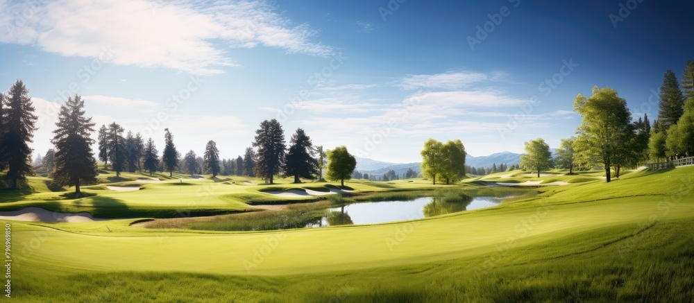 Obraz premium A serene landscape of a golf course with a water feature and trees