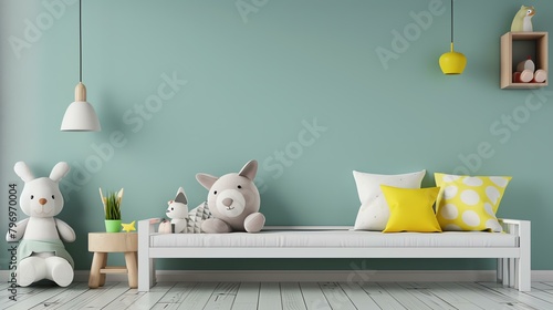 Adorable stuffed animals on a cozy sofa in a modern, gender-neutral nursery. The perfect backdrop for your little one's dreams. photo