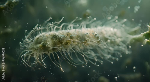 A microscopic image of a paramecium with a detailed cell structure and multiple cilia.
