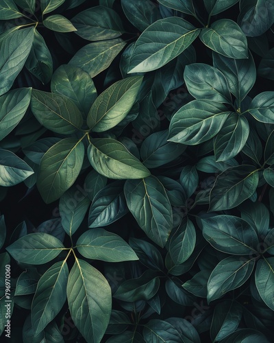 Dark green leaves  with high resolution and high detail  using a natural color scheme against a dark background  in an aesthetic and beautiful style cinematic