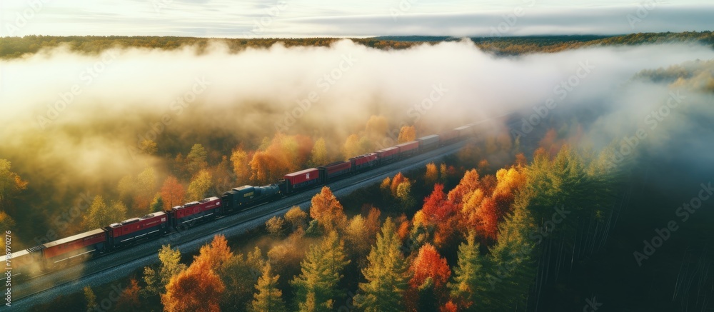 Train passing through misty woods