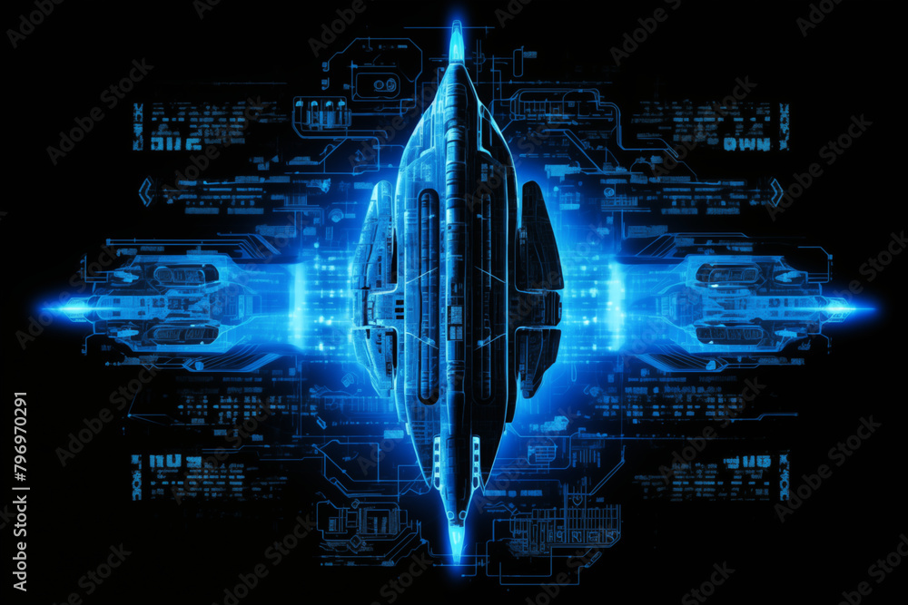 Fototapeta premium Futuristic Blue Spaceship with Dynamic Light Trails in Digital Space