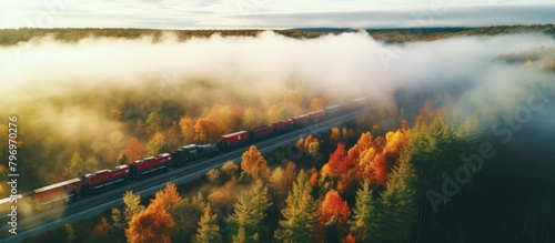 Train passing through misty woods