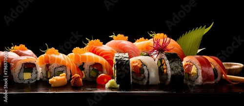 Plate of sushi on black background