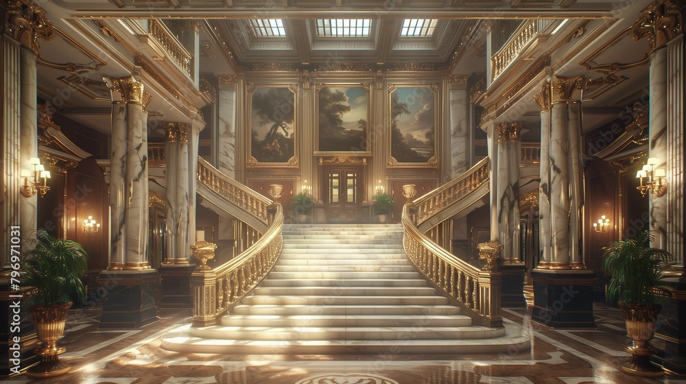 Luxurious Grand Staircase in Elegant Hallway, generative ai