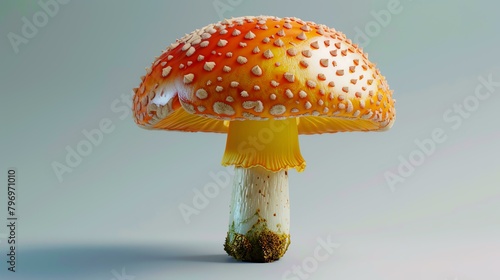 A beautiful 3D rendering of a red and white spotted mushroom. The mushroom is set against a pale blue background and is lit from the left side. photo