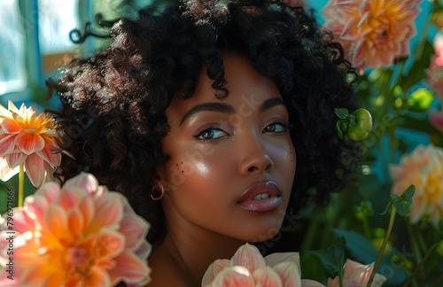 Radiant black woman, natural curls, amid vibrant flowers, exuding beauty, grace, and natural allure