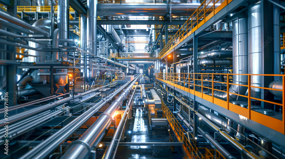 A large industrial building with many pipes and a yellow railing