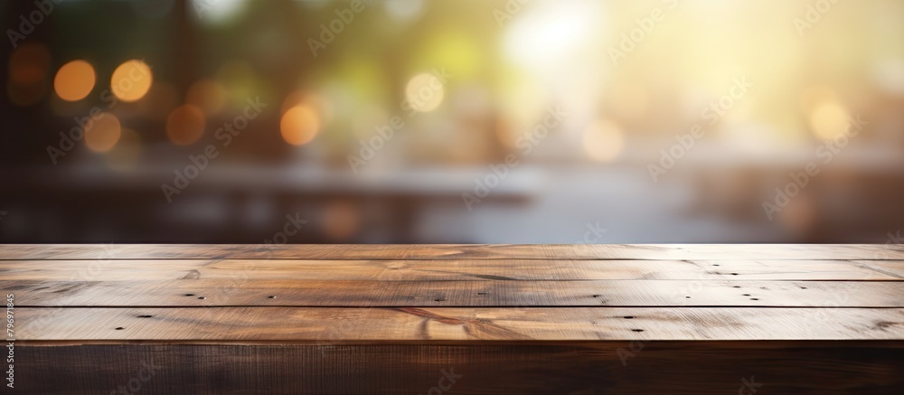 Wooden table top with blurred lighting