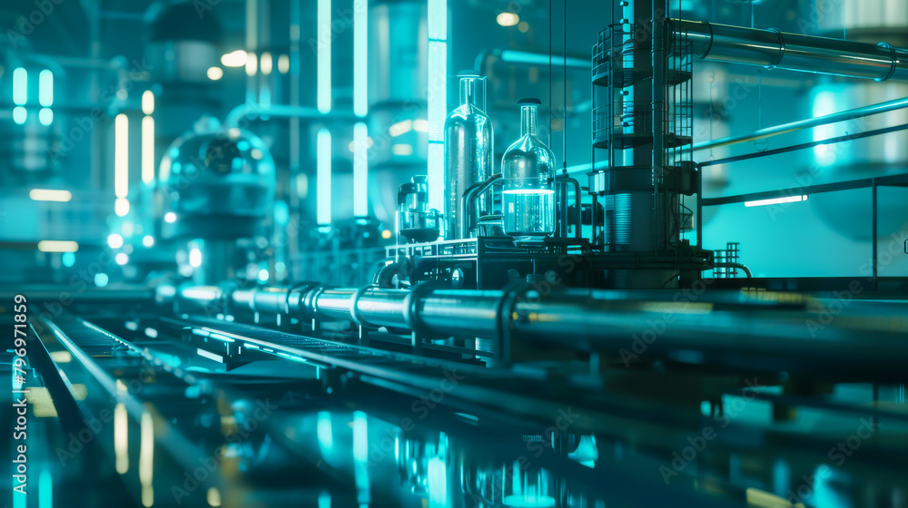 A futuristic industrial scene with pipes and tanks