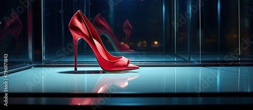 Red heels displayed inside glass casing