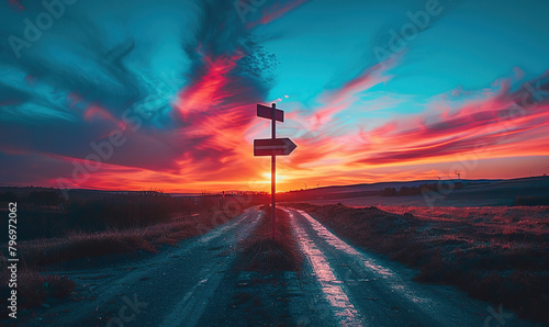 Illuminated red traffic lights against a twilight sky with vivid sunset hues. Generate AI photo