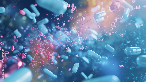 A colorful image of pills and other objects in a blue background