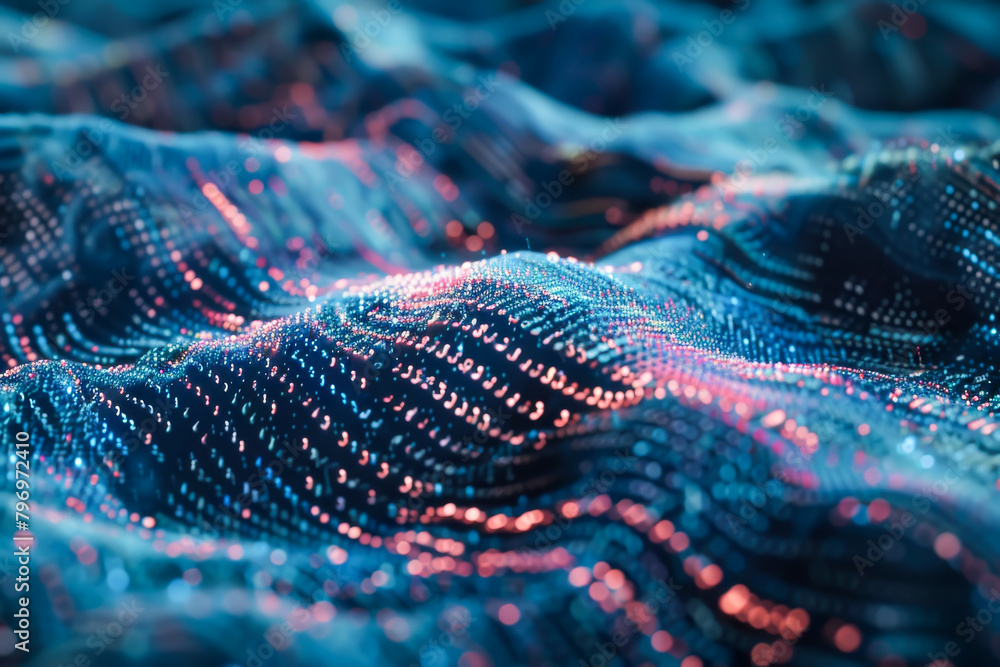 A blue and red patterned fabric with a wave-like design