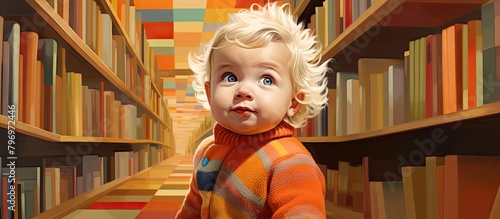 Young child in library surrounded by books photo