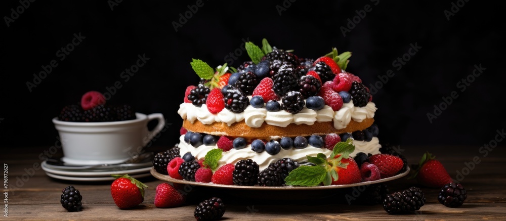 Cake topped with berries and mint on plate Cake topped with berries and mint on plate