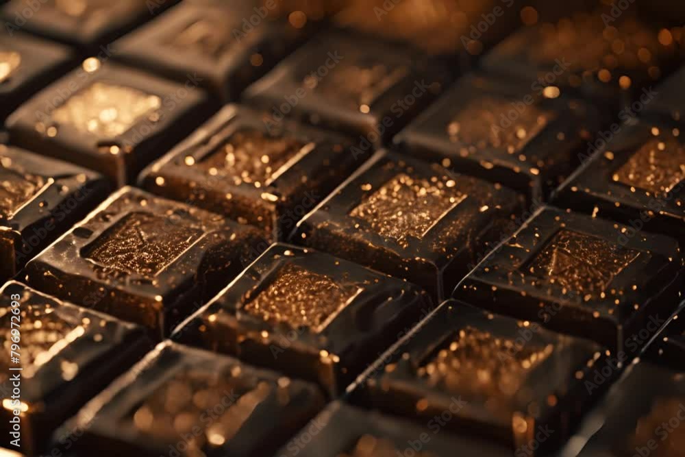 A close up photograph of a dark chocolate bar with gold flakes on top of each square. A close up photograph of a dark chocolate bar with gold flakes on top of each square.