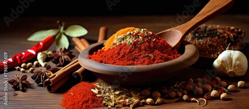 A bowl of assorted spices with a spoon photo