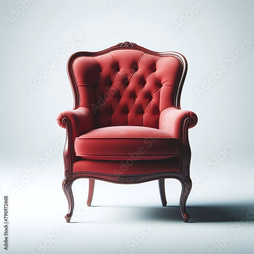 Elegant red vintage armchair featuring a tufted backrest and ornate wooden legs, showcased against a simple light background. photo