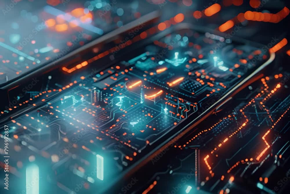 A close-up of a computer chip with orange and blue lights. A close-up of a computer chip with orange and blue lights.