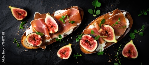 Two fig and cheese sandwiches on black background photo