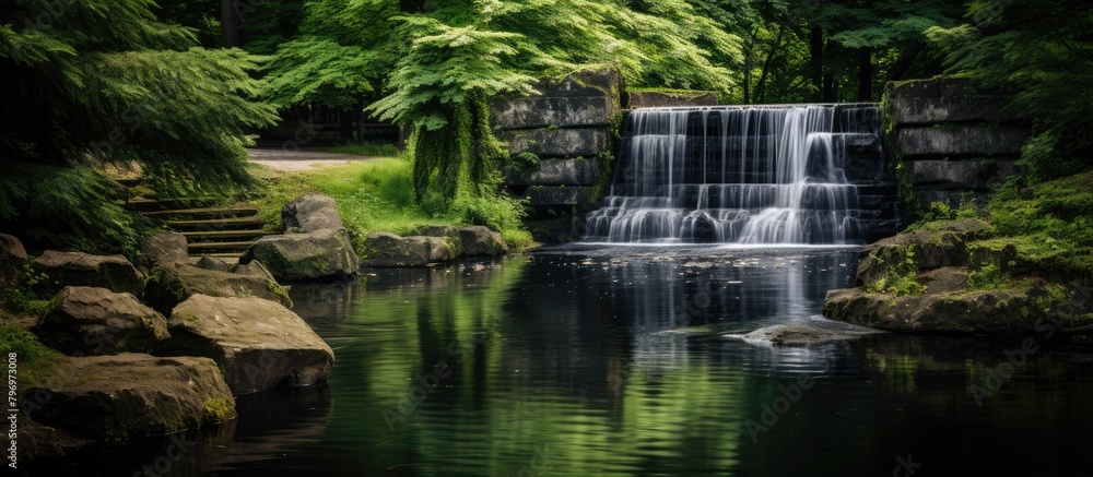 Path through lush park with cascading waterfall Path through lush park with cascading waterfall