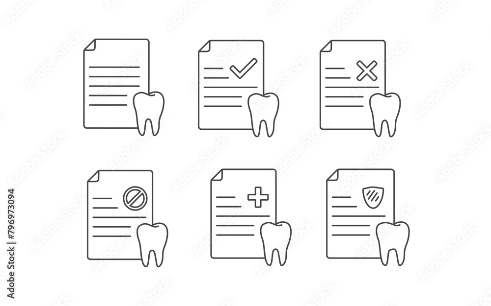 Dentist documents icons set. Dental checks. Dental documents set of simple icons. Outline