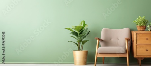 A chair and plant in room with green walls