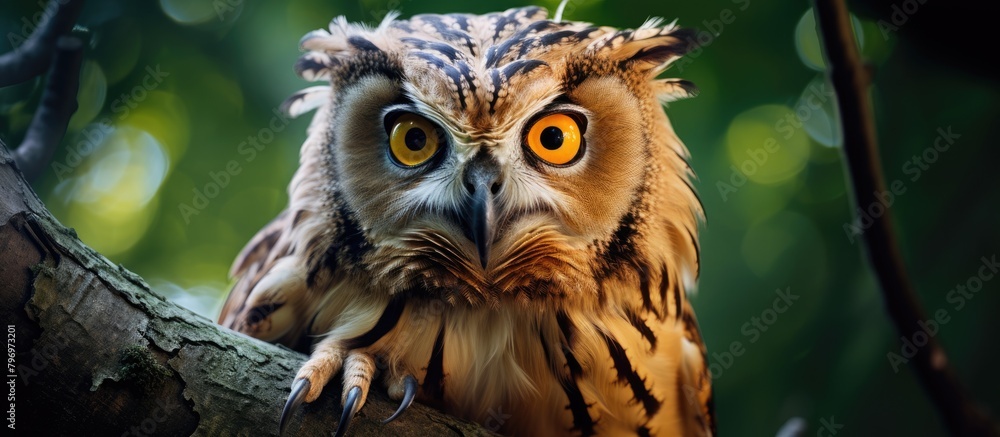 Owl perched branch, glowing yellow eyes Owl perched branch, glowing yellow eyes