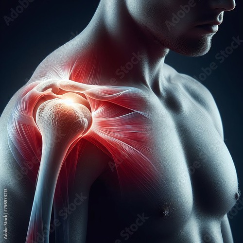 A digital illustration depicting a person with highlighted shoulder pain, emphasizing musculoskeletal health issues.