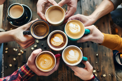 A delightful scene of a group of friends gathered around artfully crafted lattes, perfect for International Coffee Day celebrations photo