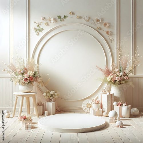 An elegant round frame adorned with floral decorations and candles  set against a chic  pastel background  providing a perfect blank space for wedding or event invitations.
