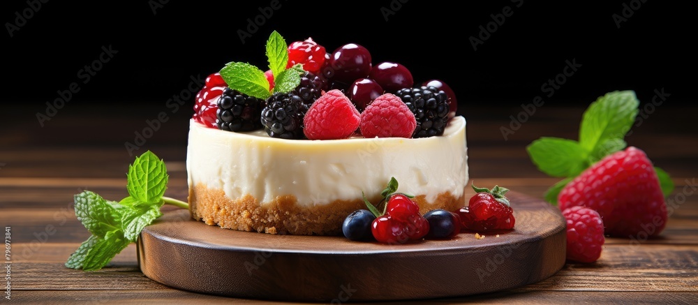 Dessert with fresh berries and mint on a wooden plate Dessert with fresh berries and mint on a wooden plate