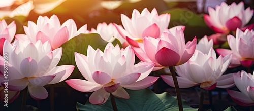 Lotus blossoms in garden under sunny sky