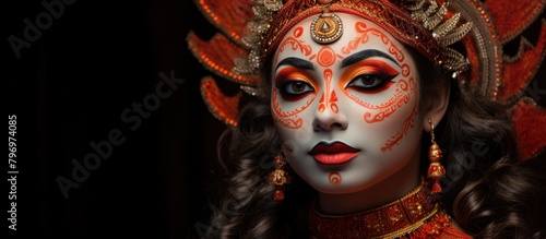 A woman wearing red and gold face paint photo