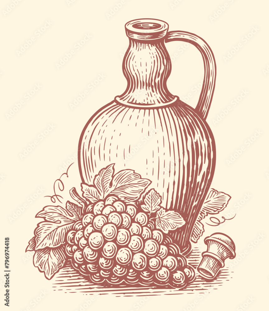 Obraz premium Clay jug with wine drink and bunch grapes. Winemaking, winery sketch. Hand drawn vintage vector illustration