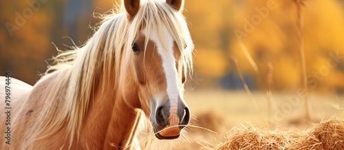 A horse standing in a field with hay photo